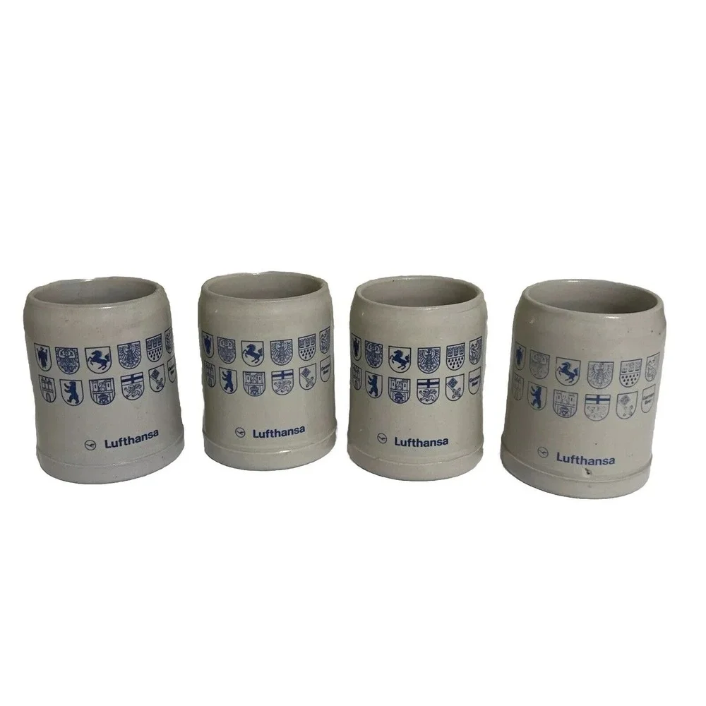 Set Of 4 Vintage Old Lufthansa Airlines 0.3L Ceramic Beer Stein Breweriana Crest